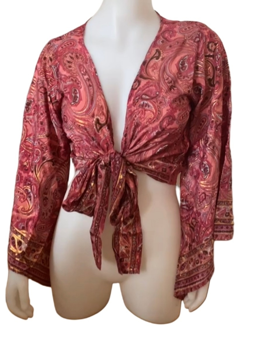 Tie-Front Pink Paisley 70% Silk Cropped Bohemian Hippie Bell Sleeve Top